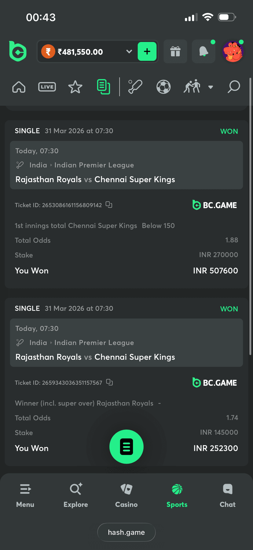 RR vs CSK — ₹5,07,600 + ₹2,52,300 winning bet slips